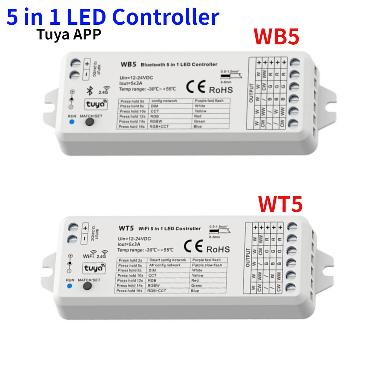 WT5 WiFi / WB5 Bluetooth Smart 5 ב1 RF בקר תואם Tuya שליטה קולית עבור יחיד צבע RGB,RGBW,RGB+CCT,CCT LED הרצועה - 0