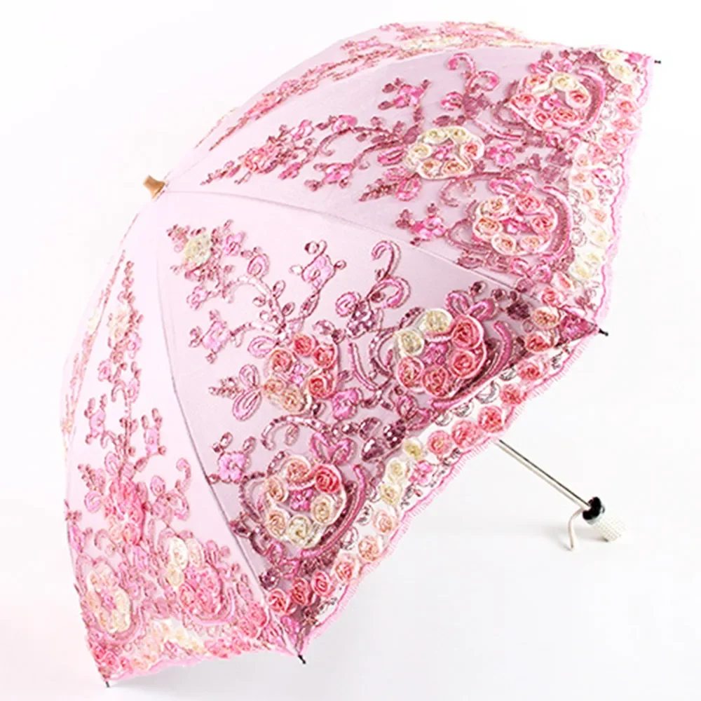 אופנה חדשה יוקרה פרח מטריית גשם נשים כפולה קיפול כפול שכבת תחרה השמשייה מותג יוקרה High-end החתונה מטריות - 0
