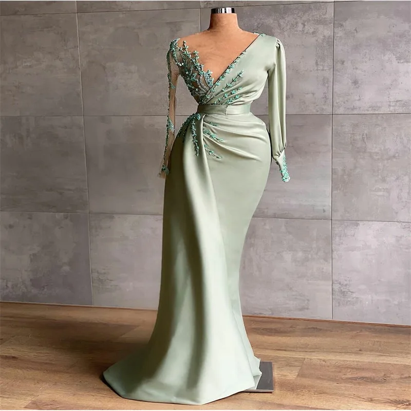אור ירוק בתולת ים שמלות ערב חרוזים פרחוני 3D התחרה Appliqued נשף שמלה בהזמנה אישית שרוולים ארוכים טקס החלוק de mariée - 0