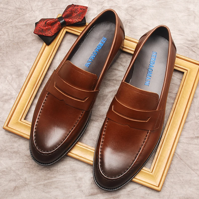 איטלקי שחור חום גברים נעלי אוקספורד אופנה עור אמיתי עור פרה להחליק על נעלי נעליים מזדמנים המוקסין שטוח גברים נעלי שמלה - 0