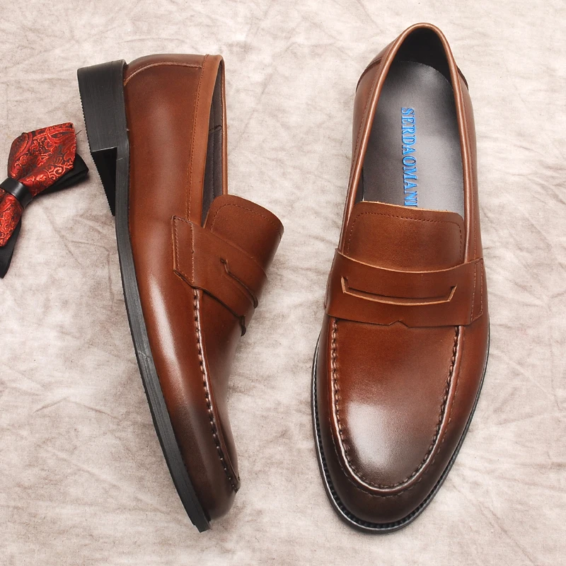 איטלקי שחור חום גברים נעלי אוקספורד אופנה עור אמיתי עור פרה להחליק על נעלי נעליים מזדמנים המוקסין שטוח גברים נעלי שמלה - 2