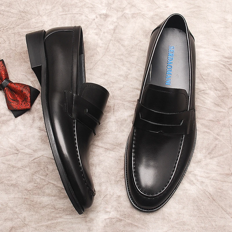 איטלקי שחור חום גברים נעלי אוקספורד אופנה עור אמיתי עור פרה להחליק על נעלי נעליים מזדמנים המוקסין שטוח גברים נעלי שמלה - 4