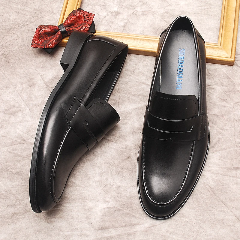 איטלקי שחור חום גברים נעלי אוקספורד אופנה עור אמיתי עור פרה להחליק על נעלי נעליים מזדמנים המוקסין שטוח גברים נעלי שמלה - 5