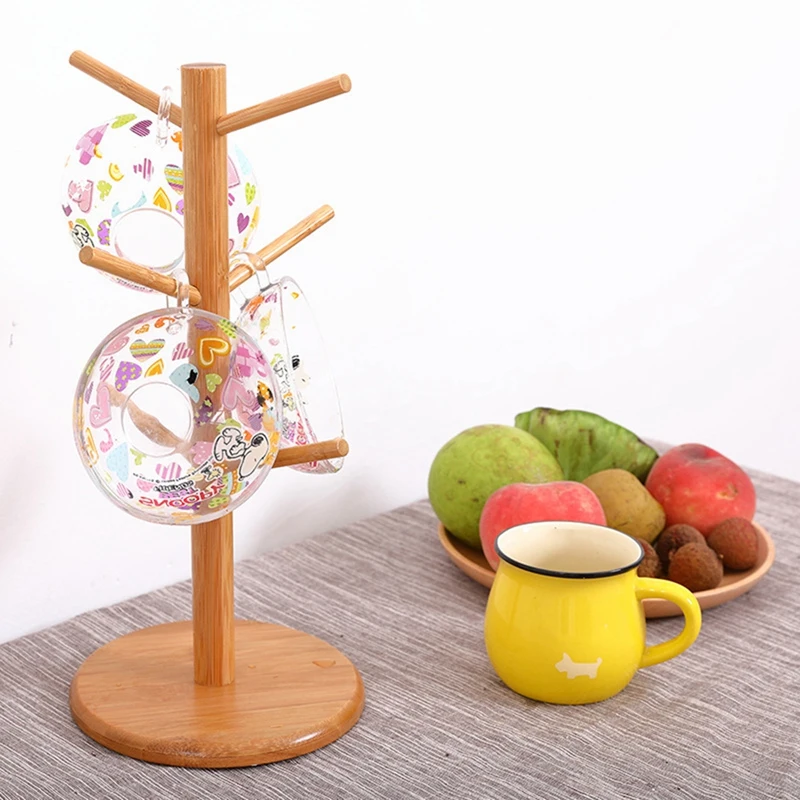 איכות העץ בצורת עץ קפה כוס תה אחסון בעל לעמוד מטבח ביתי ספל מדף תצוגה תלוי Drinkware מדף עם 6 ווים - 2