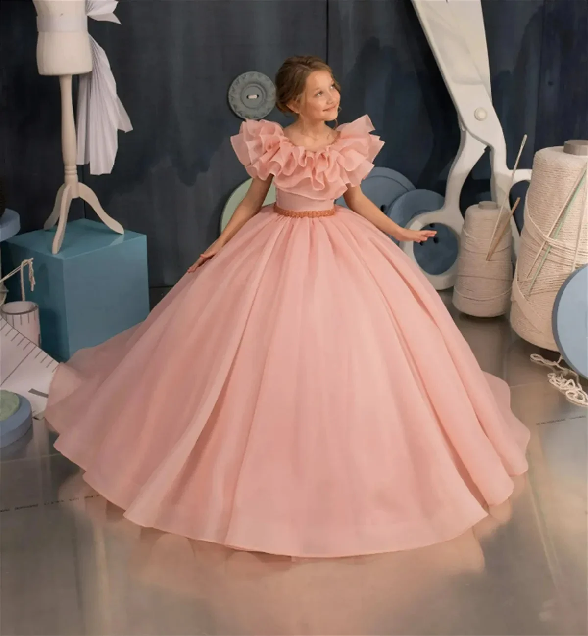 אלגנטי טול ורודה נפוחה אפליקציה חרוזים פרח ילדה שמלת חתונה אלגנטית של הילד סעודת האדון שמלות מסיבת יום ההולדת. - 0