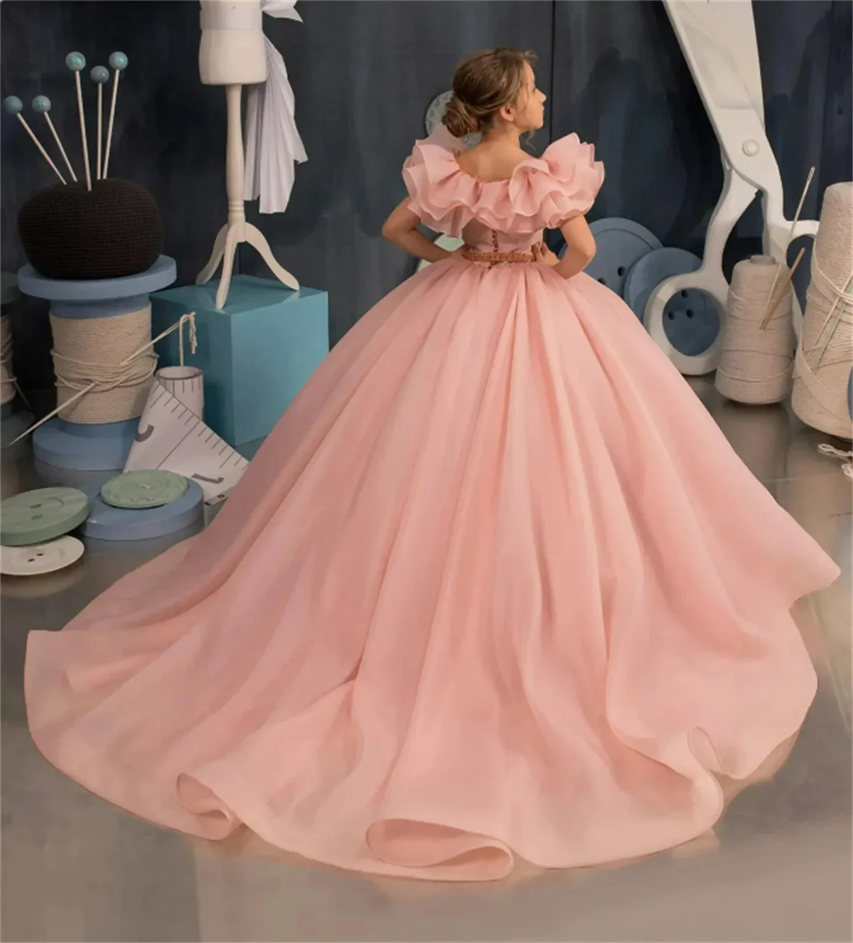אלגנטי טול ורודה נפוחה אפליקציה חרוזים פרח ילדה שמלת חתונה אלגנטית של הילד סעודת האדון שמלות מסיבת יום ההולדת. - 1