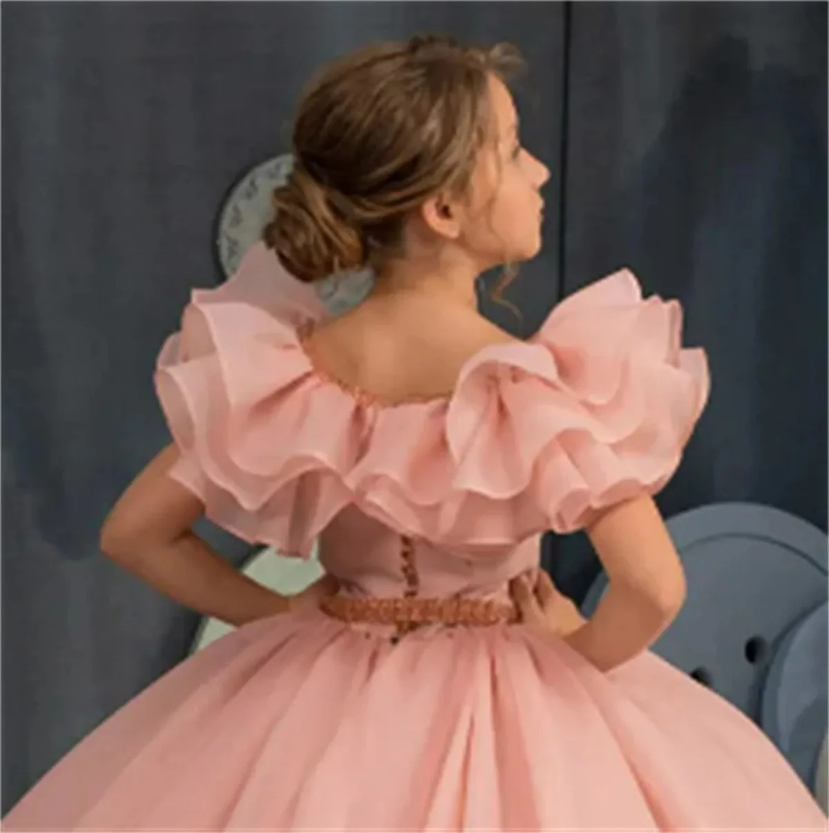 אלגנטי טול ורודה נפוחה אפליקציה חרוזים פרח ילדה שמלת חתונה אלגנטית של הילד סעודת האדון שמלות מסיבת יום ההולדת. - 2