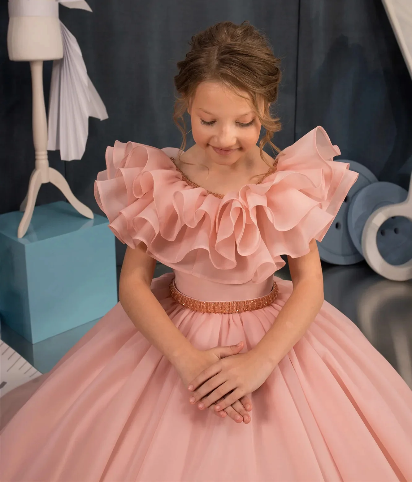 אלגנטי טול ורודה נפוחה אפליקציה חרוזים פרח ילדה שמלת חתונה אלגנטית של הילד סעודת האדון שמלות מסיבת יום ההולדת. - 3