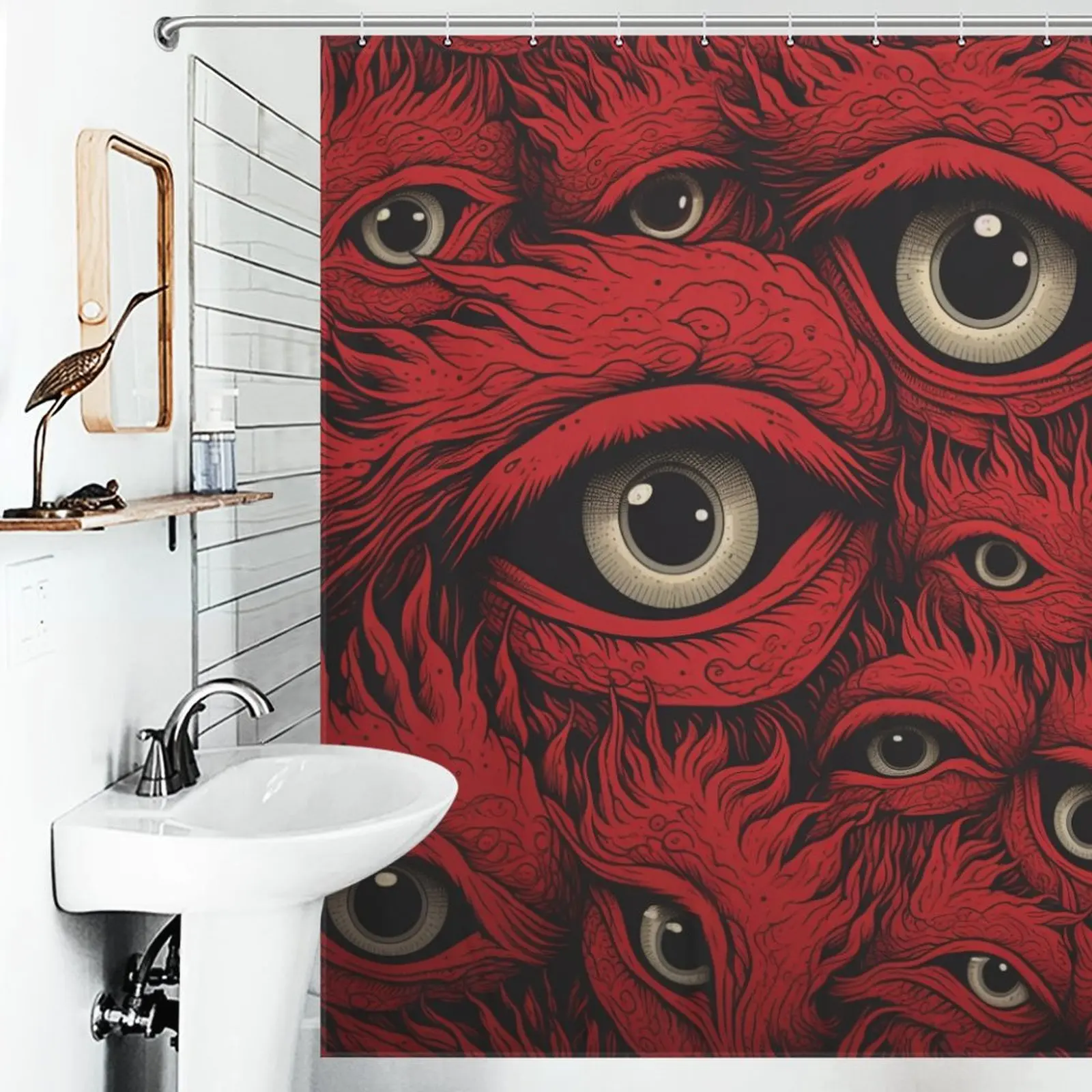 אמבטיה עיצוב וילון מקלחת עמיד למים אימה עין אדומה מופשט עם 12pcs ווים חלון אופנתי - 2