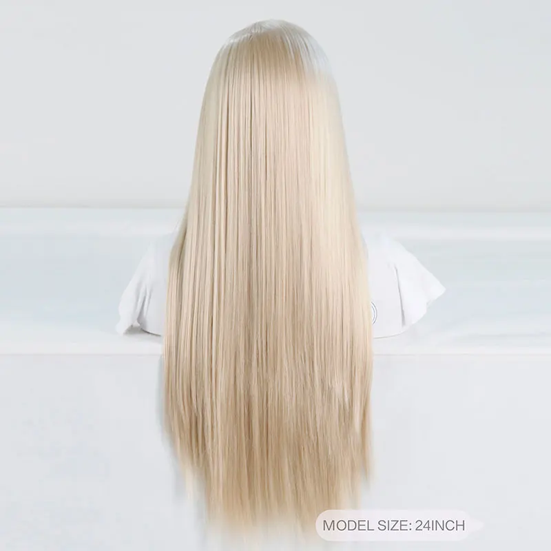 בלונדינית לבנה סינטטי פאה הקדמי של תחרה ישר עמיד בפני חום סיבי שיער מראש תלשה את קו השיער הטבעי חינם פרידה לנשים - 4