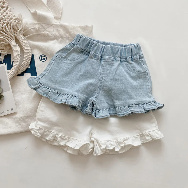 בנות זרות טעם כחול לבן מכנסי ג 'ינס קצרים אופנה עץ האוזן בצד של הילדים מכנסיים מגניבים קיץ, תינוק חדש כל-התאמה מכנסי ג' ינס קצרים - 1