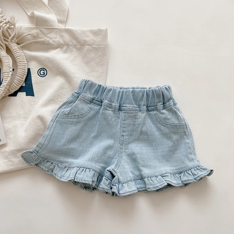 בנות זרות טעם כחול לבן מכנסי ג 'ינס קצרים אופנה עץ האוזן בצד של הילדים מכנסיים מגניבים קיץ, תינוק חדש כל-התאמה מכנסי ג' ינס קצרים - 2