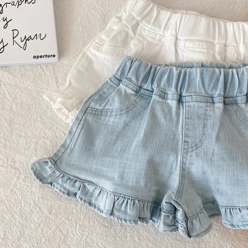 בנות זרות טעם כחול לבן מכנסי ג 'ינס קצרים אופנה עץ האוזן בצד של הילדים מכנסיים מגניבים קיץ, תינוק חדש כל-התאמה מכנסי ג' ינס קצרים - 4