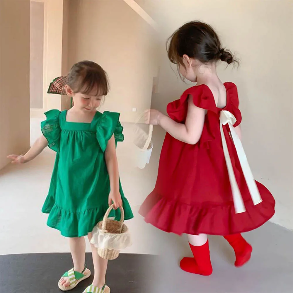 בנות קיץ שמלות טיסה שרוול שמלה מזדמן שמלות מלמלה מוצק חזרה Bowknot קו התינוק שמלות בגדי ילדים - 0