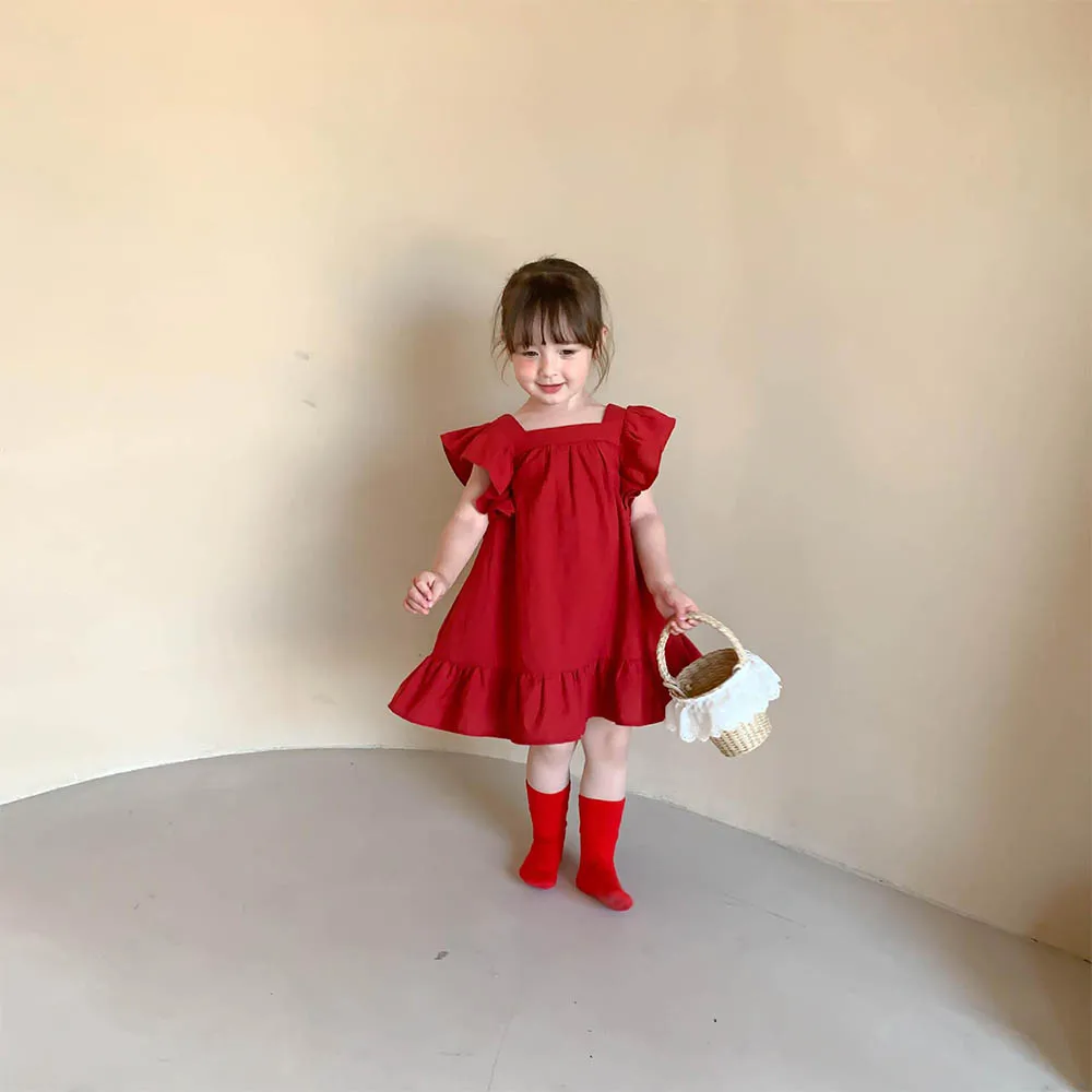 בנות קיץ שמלות טיסה שרוול שמלה מזדמן שמלות מלמלה מוצק חזרה Bowknot קו התינוק שמלות בגדי ילדים - 4