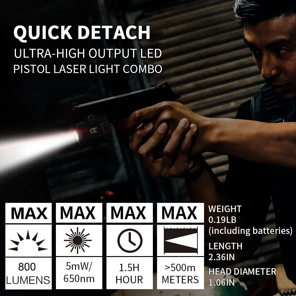 גבוה לומן 800lm ופנס אדום/ירוק אור לייזר משולבת להגנה עצמית איירסופט אקדח אקדח נטענת טקטי lanterna - 4