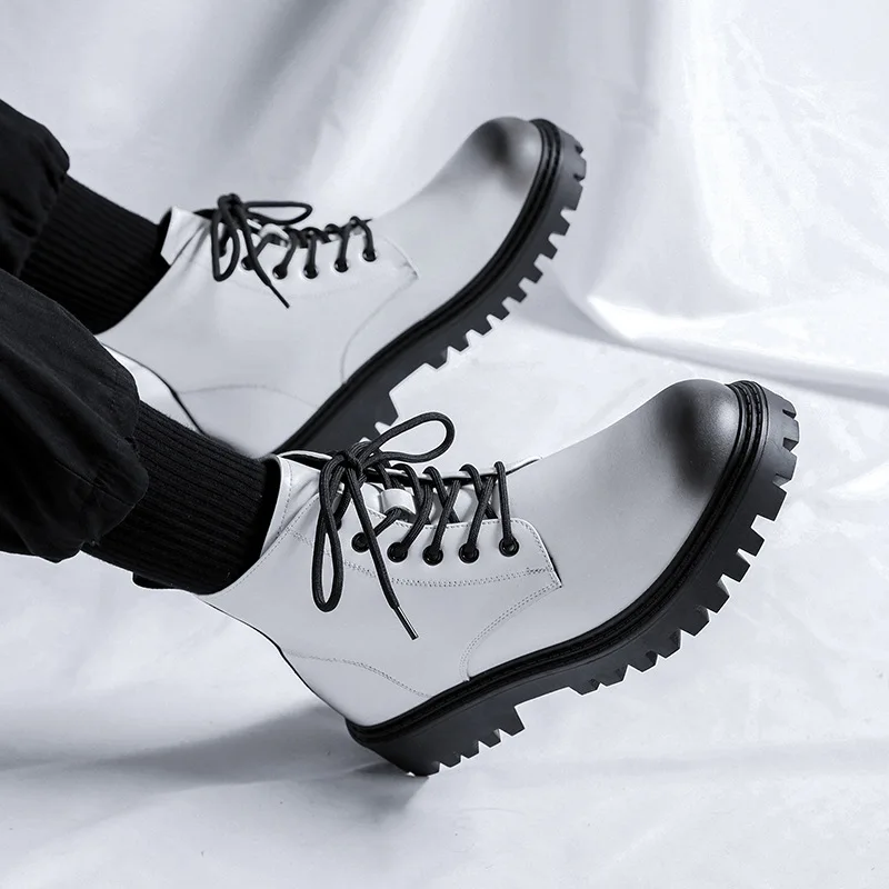 גברים אופנה יוקרתי פלטפורמת מגפי עור מקורי נעליים הבמה מועדון לילה שמלת קאובוי הקרסול במגף שחור לבן מגניב קצר botas - 0