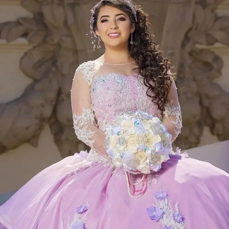הנסיכה הטקס שמלות שמלת נשף שרוולים ארוכים פרחוני פנינים 16 שמלות 15 שנים מקסיקני - 1
