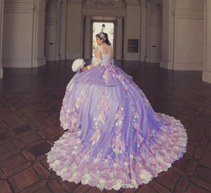 הנסיכה הטקס שמלות שמלת נשף שרוולים ארוכים פרחוני פנינים 16 שמלות 15 שנים מקסיקני - 2