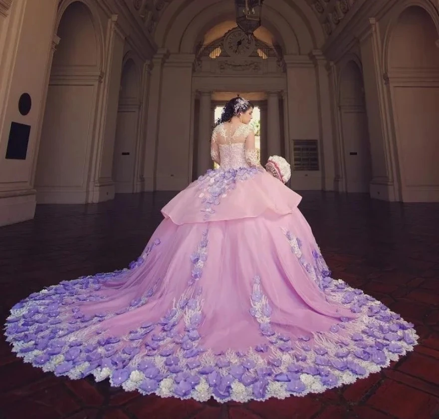 הנסיכה הטקס שמלות שמלת נשף שרוולים ארוכים פרחוני פנינים 16 שמלות 15 שנים מקסיקני - 3