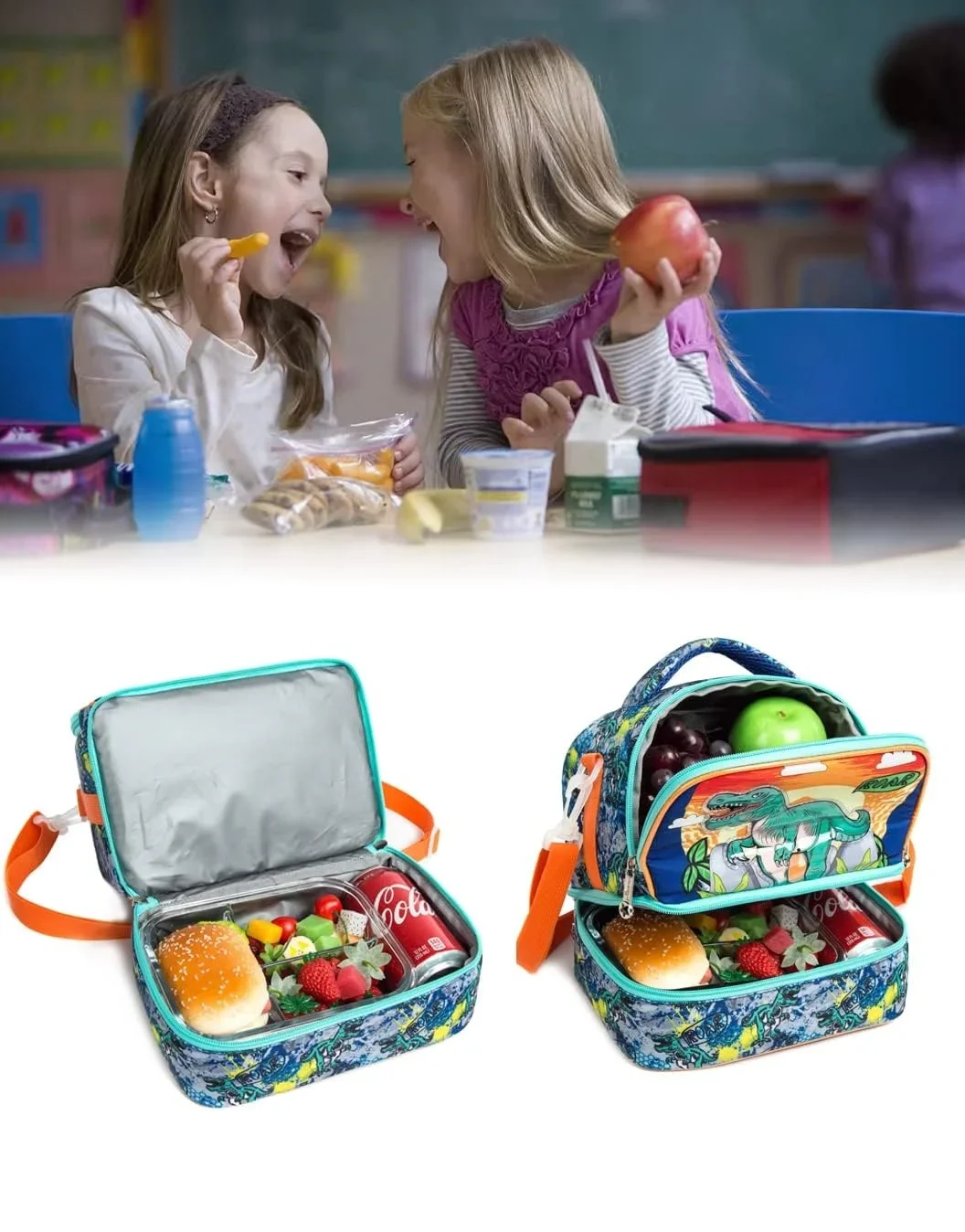ילדים תיק אוכל מבודד בנטו צידנית תיק שני תא בצידנית ילד בנות קופסא ארוחת צהריים עם רצועה מתכווננת נסיעות צהריים לשאת - 5