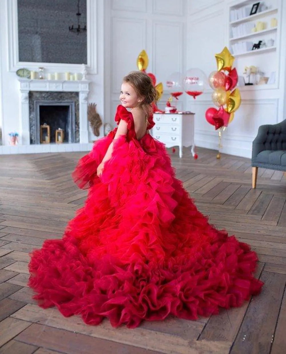 מדהים נגרר פלאפי מדבקות בשכבות אדום מלאך הנסיכה פרח ילדה שמלות מסיבת חתונה הכדור הראשון שמלות קודש מתנה - 0