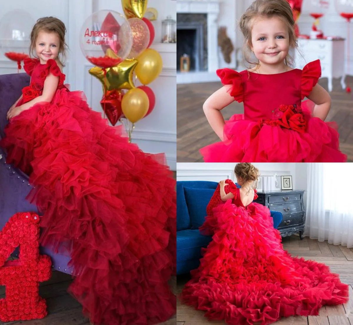 מדהים נגרר פלאפי מדבקות בשכבות אדום מלאך הנסיכה פרח ילדה שמלות מסיבת חתונה הכדור הראשון שמלות קודש מתנה - 1