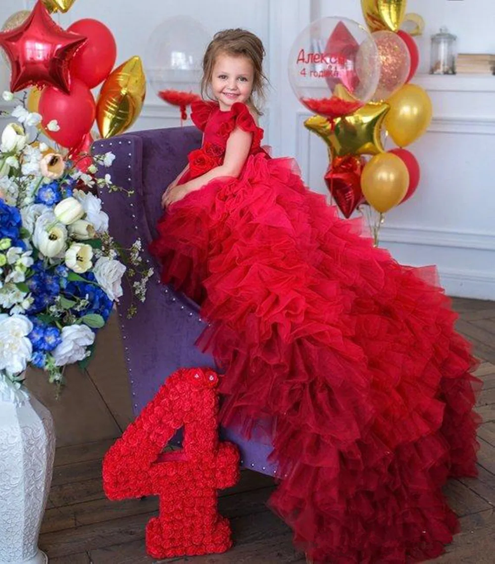 מדהים נגרר פלאפי מדבקות בשכבות אדום מלאך הנסיכה פרח ילדה שמלות מסיבת חתונה הכדור הראשון שמלות קודש מתנה - 2
