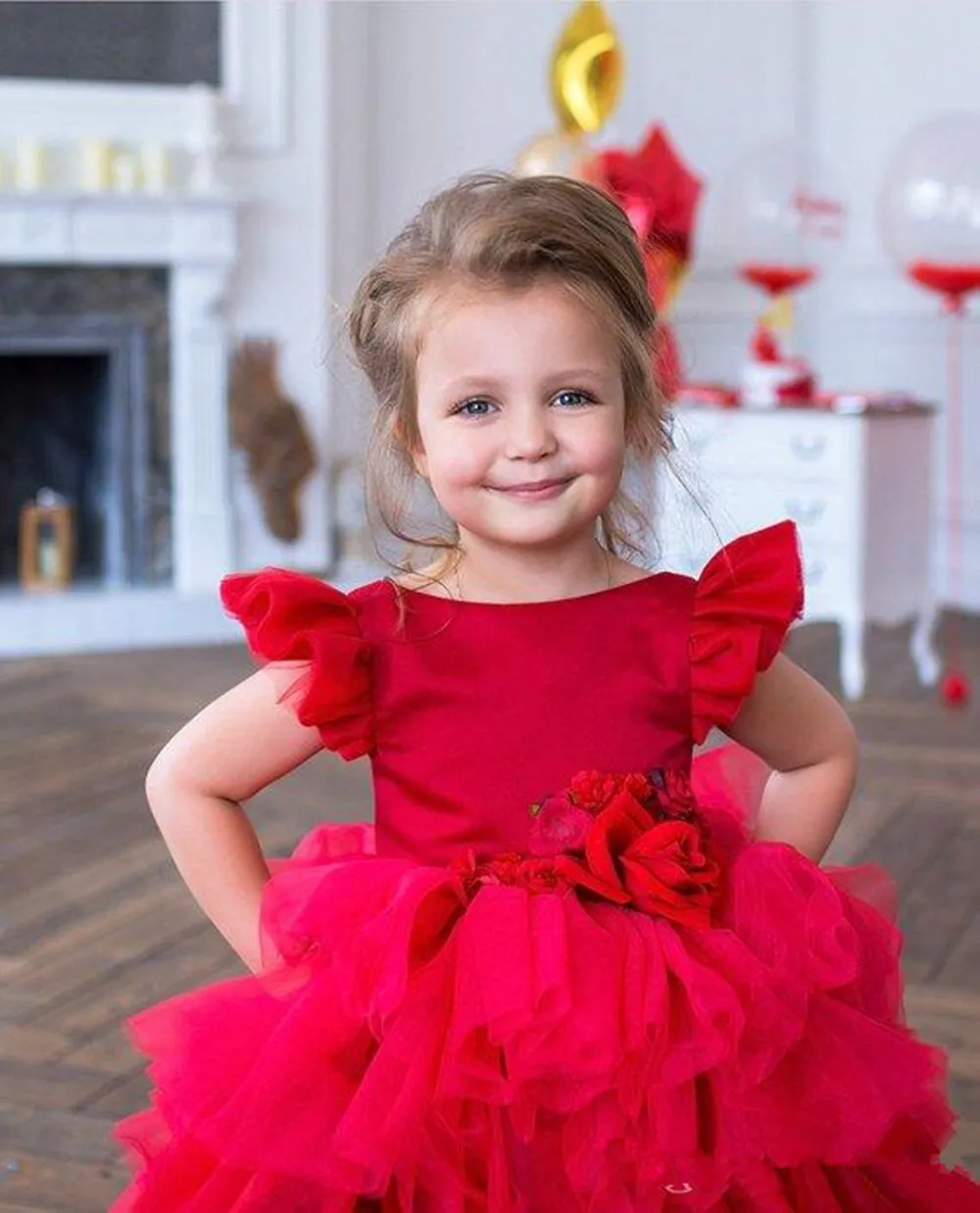 מדהים נגרר פלאפי מדבקות בשכבות אדום מלאך הנסיכה פרח ילדה שמלות מסיבת חתונה הכדור הראשון שמלות קודש מתנה - 3