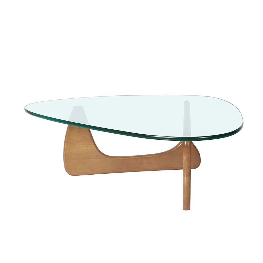 משולש שולחן זכוכית שולחן קפה 19MM מוצק בסיס עץ אגוז ברור עליון זכוכית מודרני קצה השולחן בסלון, פטיו, מחקר - 1