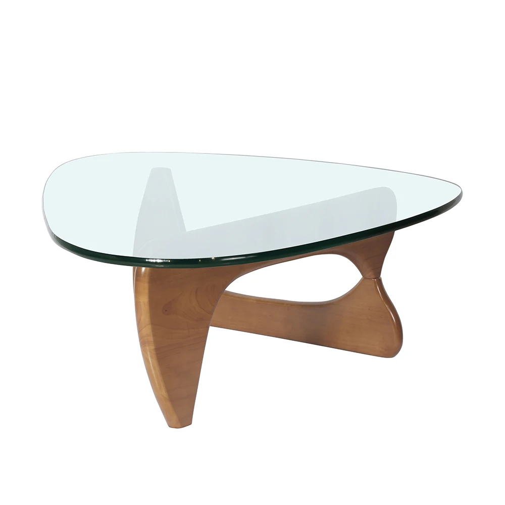 משולש שולחן זכוכית שולחן קפה 19MM מוצק בסיס עץ אגוז ברור עליון זכוכית מודרני קצה השולחן בסלון, פטיו, מחקר - 2