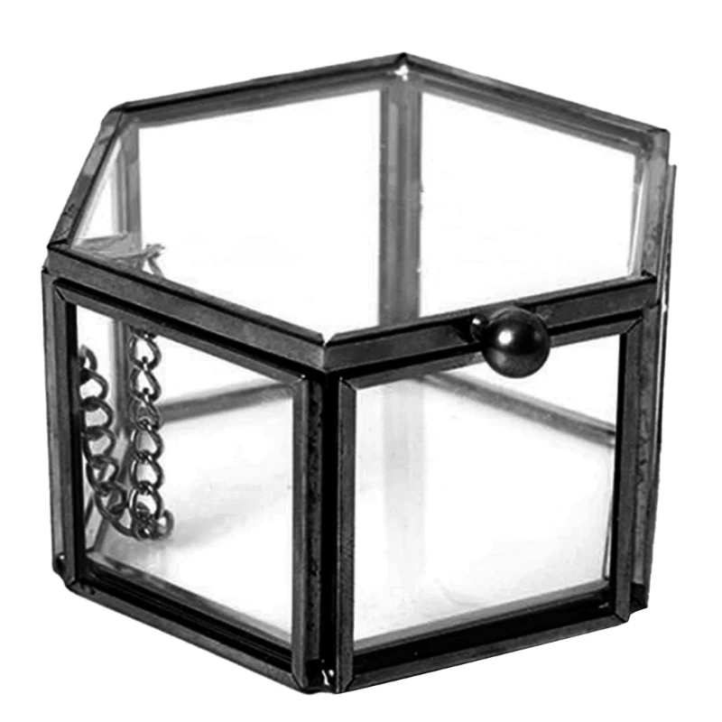 משושה שקוף טבעות זכוכית קופסת טבעות נישואין תיבת גיאומטריות זכוכית קופסת תכשיטים תכשיטים בעל מיכל Dropship - 3