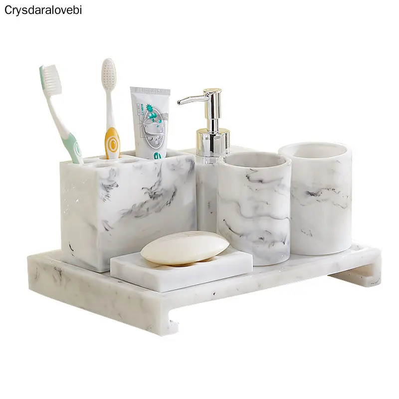 נורדי האמבטיה ערכת דפוס השיש שרף רחצה אביזרים מחזיק מברשת שיניים סבון דיספנסר לסבון רחצה מגש Weddi - 2