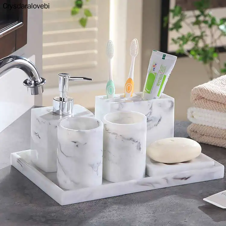 נורדי האמבטיה ערכת דפוס השיש שרף רחצה אביזרים מחזיק מברשת שיניים סבון דיספנסר לסבון רחצה מגש Weddi - 4