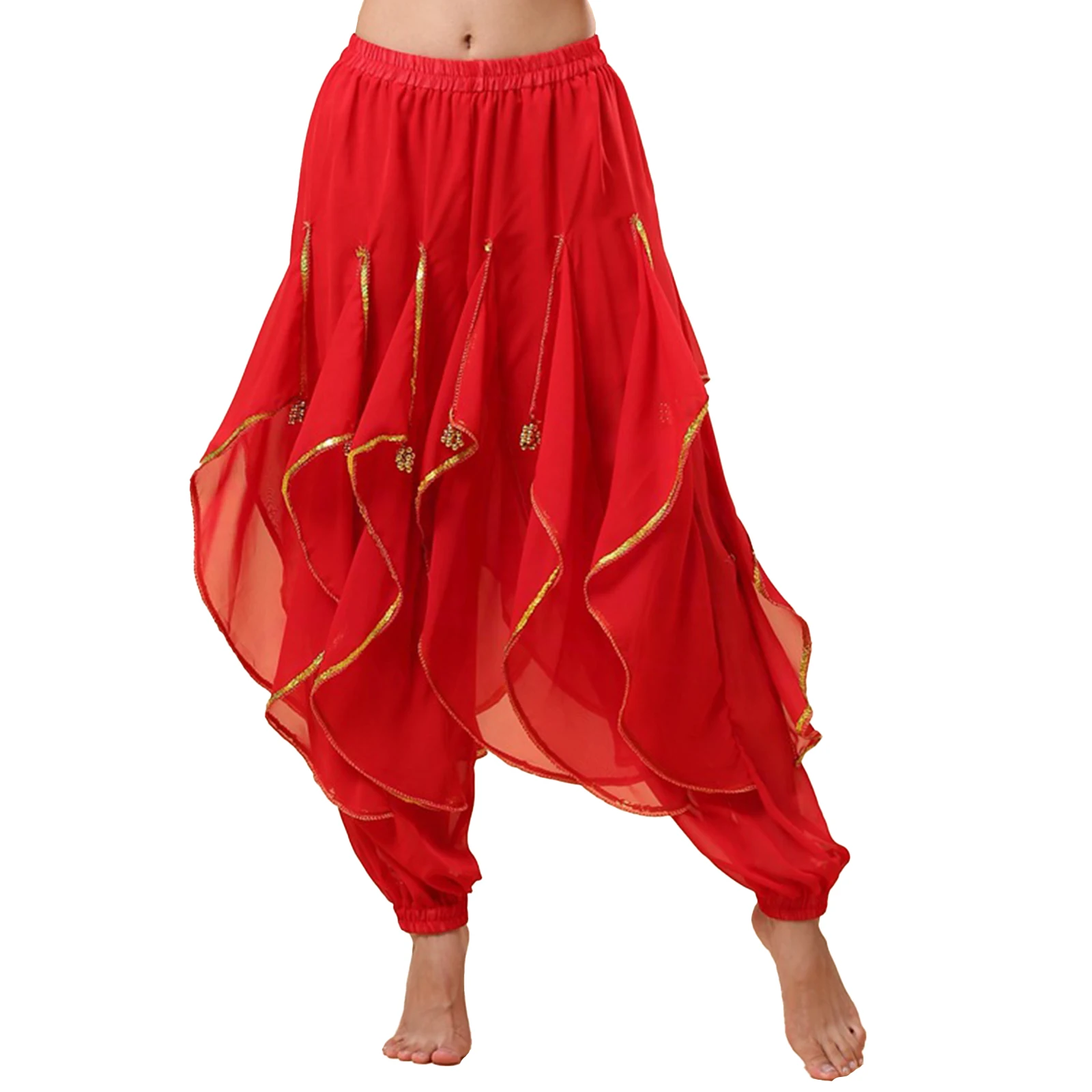 נשים מזרחיות הודו ריקודי בטן ביצועים תחפושת נצנצים Trim מכנסי גומי אלסטי קפלים מכנסיים עם חרוזי פלסטיק - 1