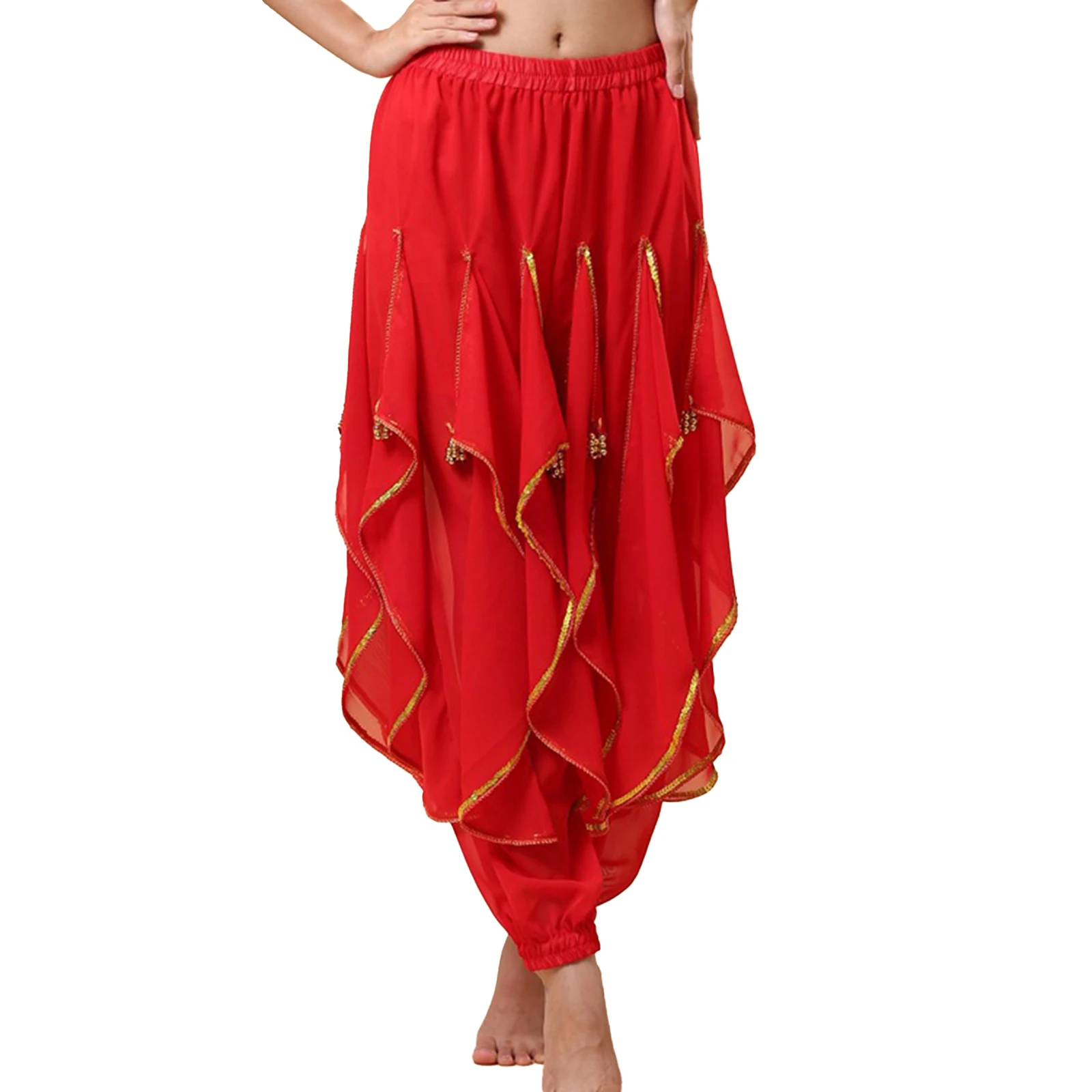 נשים מזרחיות הודו ריקודי בטן ביצועים תחפושת נצנצים Trim מכנסי גומי אלסטי קפלים מכנסיים עם חרוזי פלסטיק - 2