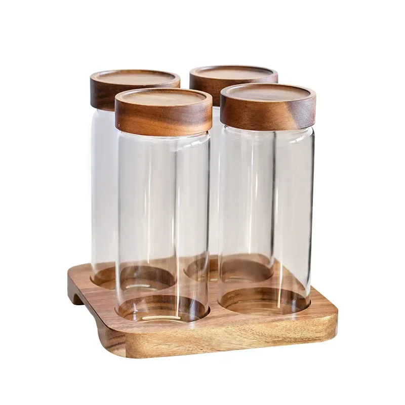 עץ המכסה Orgnizer זכוכית אטום מיכל מטבח אחסון בקבוקים צנצנת אטומה מזון המכיל מתקן עם בסיס קבע - 5