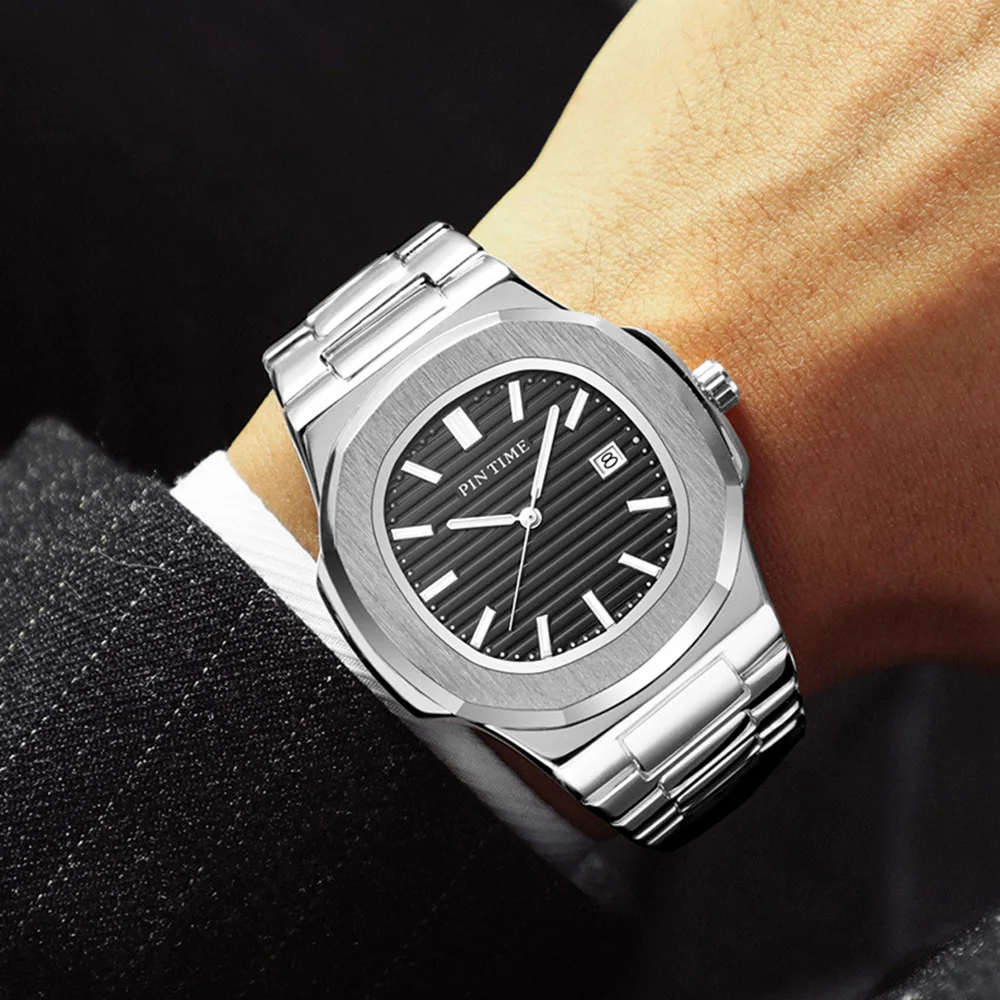קלאסי עסק של גברים קוורץ שעונים נירוסטה רצועה זוהרת עמיד למים שעון פשוט גדול חיוג אופנה שעון יד ספורט - 2