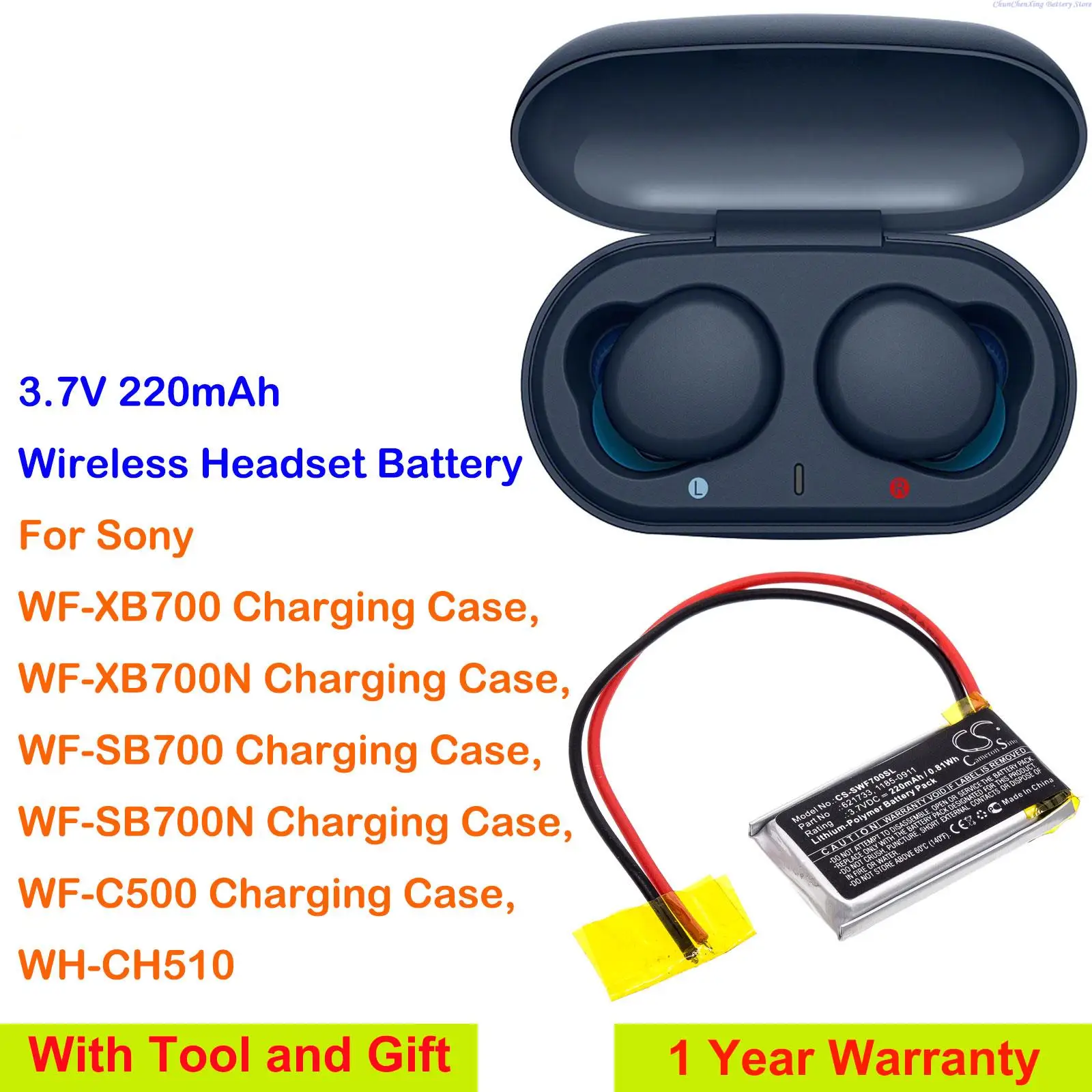 קמרון סין 220mAh אוזניות אלחוטיות סוללה עבור Sony ל-CH510, טעינה במקרה WF-XB700, WF-SB700,WF-XB700N, WF-C500 - 0