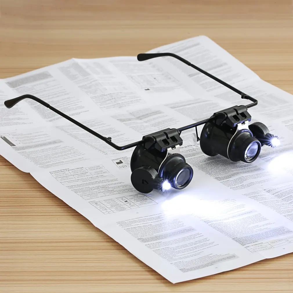 ראש רכוב 20X מגדלת כפול עין משקפיים מסוג תיקון שעונים תכשיטים לבדוק כלי זכוכית מגדלת עם שני מתכוונן LED - 0