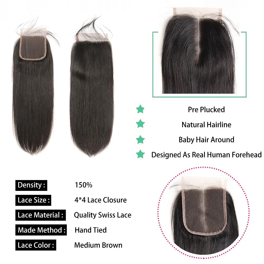 שיער אנושי חבילות עצם ישר עם 4x4 תחרה סגירת מעגל נשים בחינם החלק האמצעי כפול נמשך האנושי שיער שחור טבעי, אריגה - 5