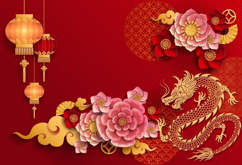 שנה של הדרקון שמח ראש השנה הסיני חגיגה תפאורות האביב פריחת פרחים פנס פסטיבלים מסורתיים רקע - 1